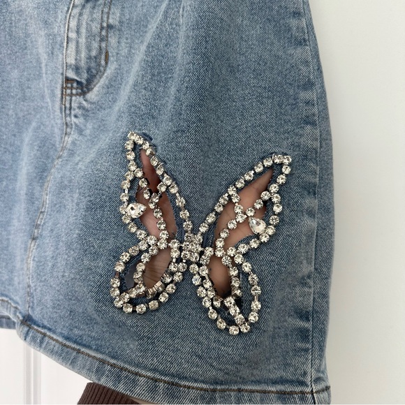 Akira (L) Butterfly Kiss Embellished Denim Mini Tube Dress- Rhinestone Butterfly - Picture 6 of 10